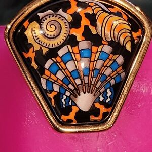 Hermes Shell Motif Enamel Pin in Black, Orange, Blue, Gold